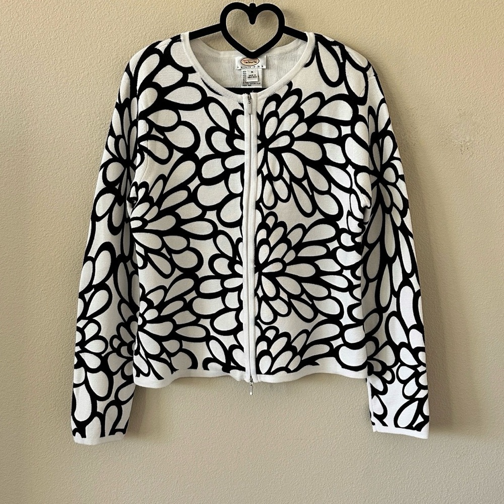 Talbots Black White Floral Pattern Zip Front Cotton Cardigan Sweater Size M